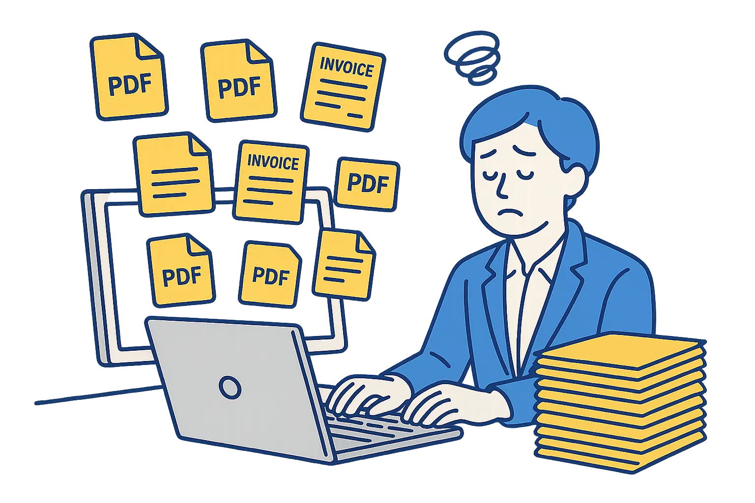 電子帳簿保存法対応のファイル整理に悩む経理担当者のイメージ